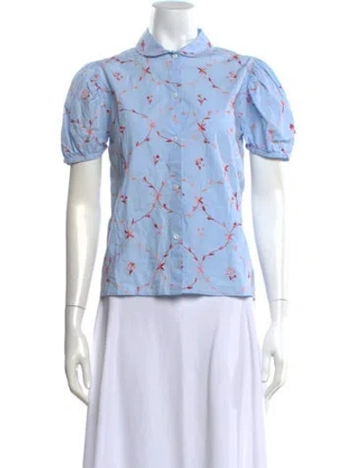 Pre-owned Thierry Colson Floral Print Short Sleeve Blouse In Blue