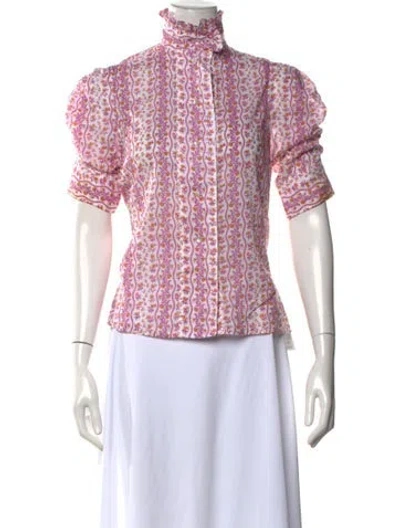 Pre-owned Thierry Colson Floral Print Short Sleeve Blouse In Green