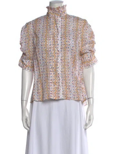 Pre-owned Thierry Colson Floral Print Short Sleeve Blouse In Green