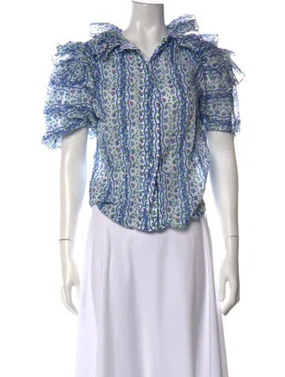 Pre-owned Thierry Colson Floral Print Short Sleeve Blouse In White