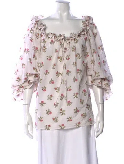 Pre-owned Thierry Colson Floral Print Square Neckline Blouse In White