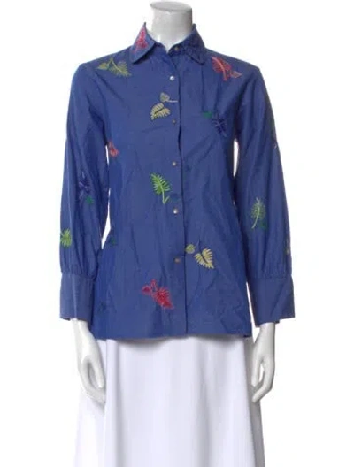 Pre-owned Thierry Colson Floral Print Three-quarter Sleeve Button-up Top In Blue