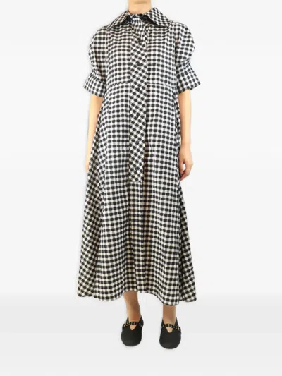 Pre-owned Thierry Colson Gingham-print Puffed-sleeve Midi Dress In White