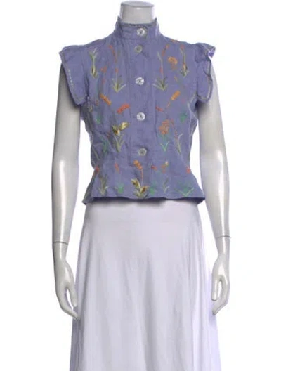 Pre-owned Thierry Colson Linen Floral Print Blouse In Purple
