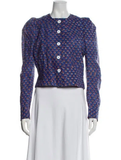 Pre-owned Thierry Colson Linen Floral Print Blouse W/ Tags In Blue