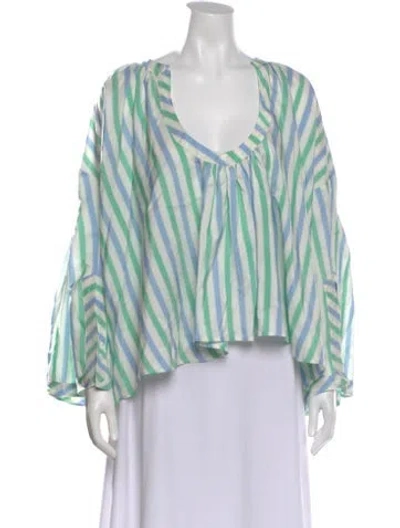 Pre-owned Thierry Colson Linen Striped Blouse In Green