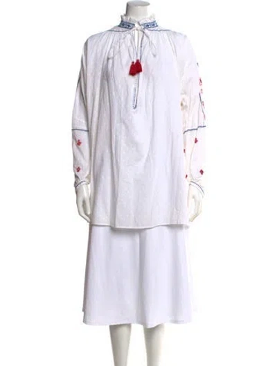 Pre-owned Thierry Colson Patterned Tie Neck Blouse In White