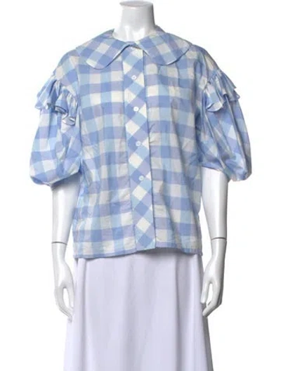 Pre-owned Thierry Colson Plaid Print Short Sleeve Blouse In Blue