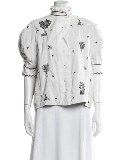 Pre-owned Thierry Colson Printed Short Sleeve Blouse In White