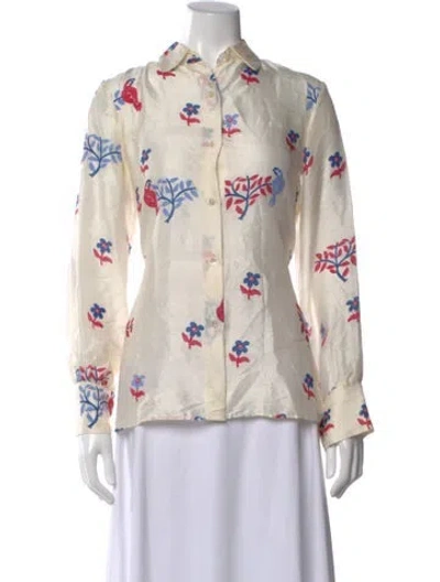 Pre-owned Thierry Colson Silk Floral Print Blouse In Neutral