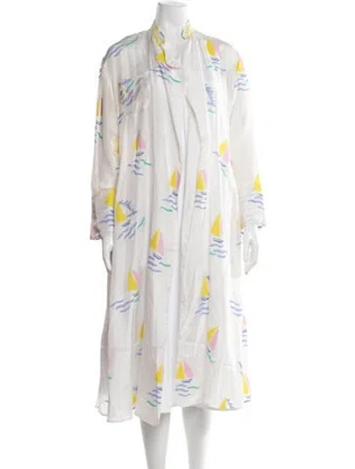 Pre-owned Thierry Colson Silk Graphic Print Robe In White