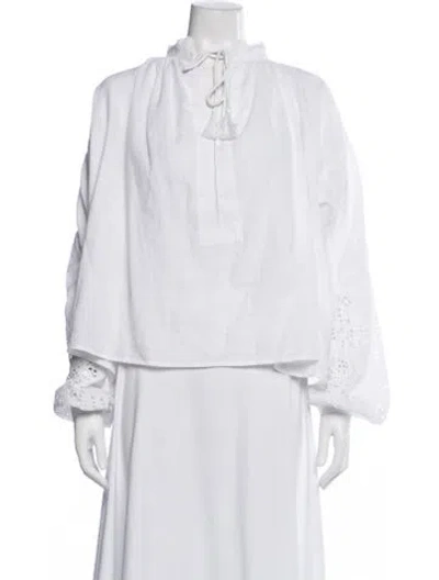 Pre-owned Thierry Colson Tie Neck Long Sleeve Blouse In White