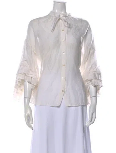 Pre-owned Thierry Colson Tie Neck Three-quarter Sleeve Blouse In White