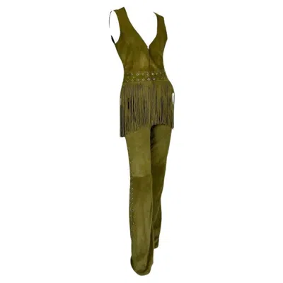 Pre-owned Thierry Mugler Couture Early 2000s Thierry Mugler Mossy Green Suede Fringe Eyelet Pant Vest Set Fr40