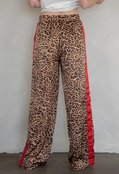 Things Between Brice Leopard Satin Stripe Wide Leg Pants In Brown