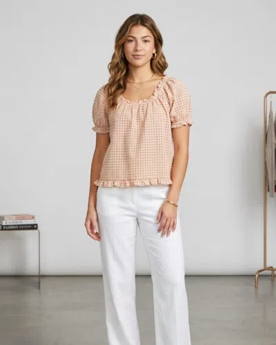 Things Between Button Front Checkered Puff Sleeve Blouse In Pink In Multi