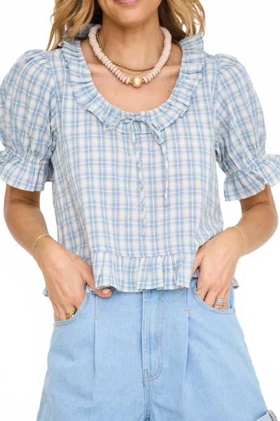 Things Between Gingham Puff Sleeve Top In Dusty Blue