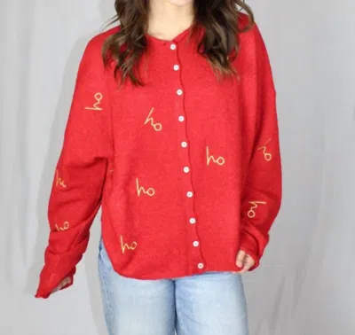 Things Between Ho Ho Ho Embroidered Cardigan In Red/gold