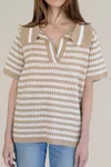 Things Between Striped Short Sleeve Collar Knit Top In Latte/ivory In Multi