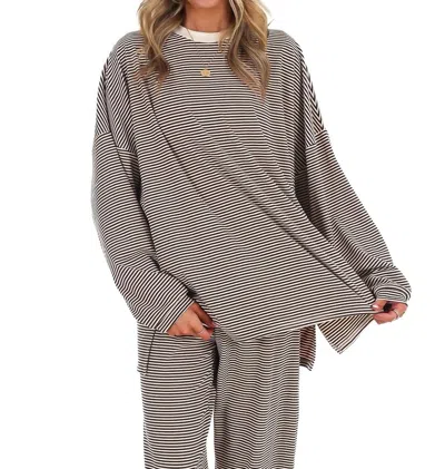 Things Between Well Defined Stripe Fleece Oversized Top In Brown