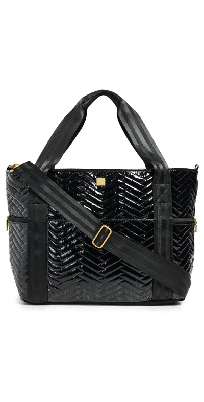 Think Royln Jet Set Wingman Moto Quilting Tote Black Patent