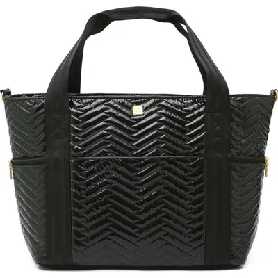 Think Royln Jetset Wingman Large Moto Quilted Tote In Black Patent Nylon