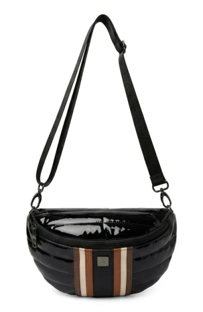 Think Royln Little Runaway Belt Bag In Black Patent Nylon W/stripe