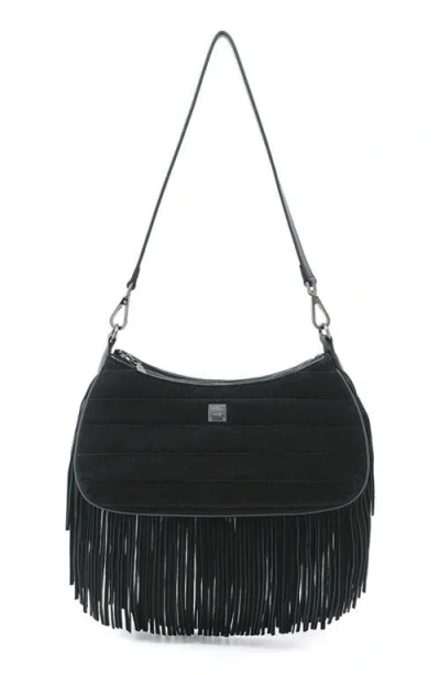 Think Royln Maverick Fringe Leather Crossbody Bag In Black Suede