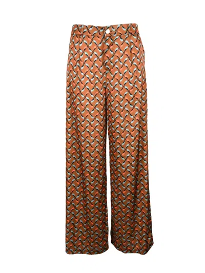 Think Wide-leg Trousers With Geometric Pattern And Elastic Waist In Brown