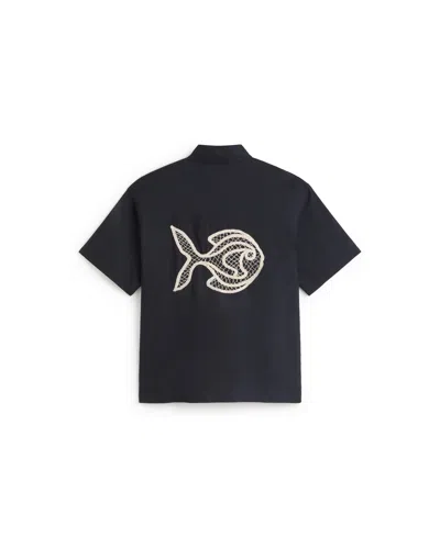 Thinking Mu Men's Blue Fish Kurtis Oversize Hand-embroidered Shirt