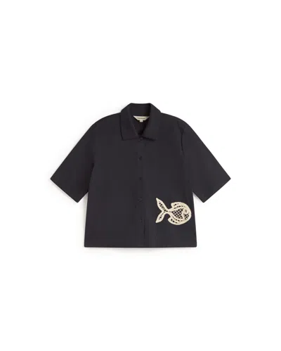 Thinking Mu Women's Blue Blouse Patched Hand Embroidered Fish Ane In Black