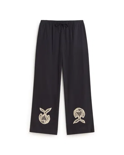 Thinking Mu Women's Blue Fish Brigitte Hand-embroidered Relaxed Pants In Black