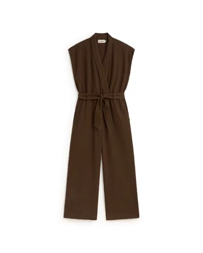Thinking Mu Women's Brown Seersucker Jumpsuit With Malawi Tie