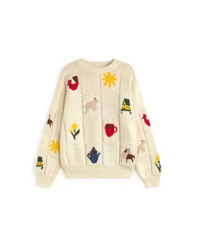 Thinking Mu Women's White Candela Ecru Wool Sweater In Multi