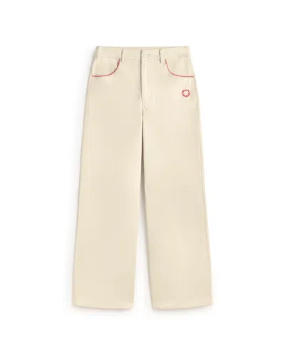 Thinking Mu Women's White Hedda Hand Embroidered Wide Leg Pants In Neutral