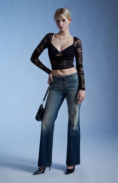 Third Charm Women's Andrea Lace Bead Center Long Sleeve Top In Black