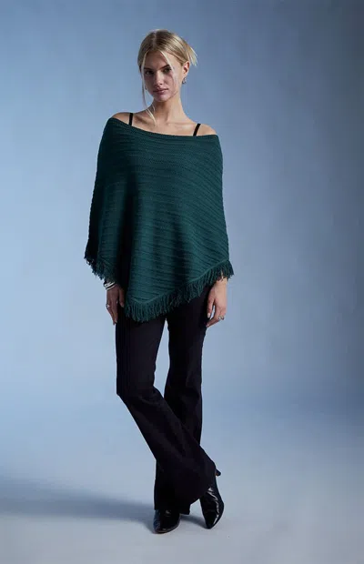 Third Charm Women's Berlin Knit Fringe Poncho Sweater In Green