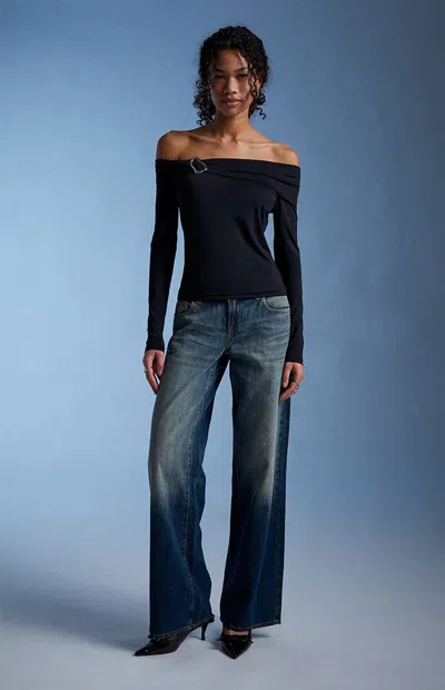 Third Charm Women's Lannie Hardware Embellished Long Sleeve Top In Black In Blue