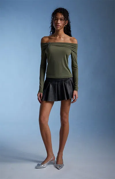 Third Charm Women's Lannie Hardware Embellished Long Sleeve Top In Green In Brown