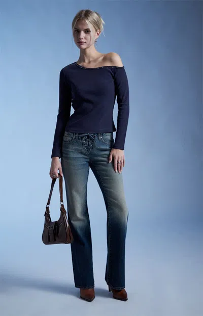 Third Charm Women's Violet Studded Neck Long Sleeve Top In Blue