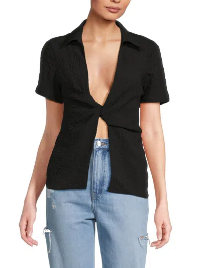 Third Form Women's Waffle Knit Twist Open-front Shirt In Black