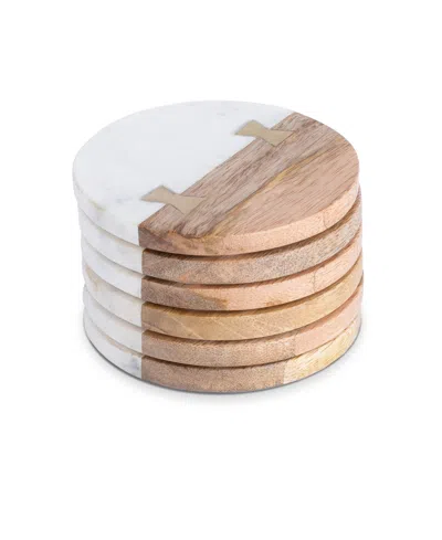 Thirstystone Uptown Round Marble And Wood Coasters With Inlay, Set Of 6 In Multicolor