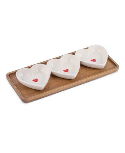 Thirstystone Three Heart Condiment Dish On Wooden Tray, Set Of 4 In White