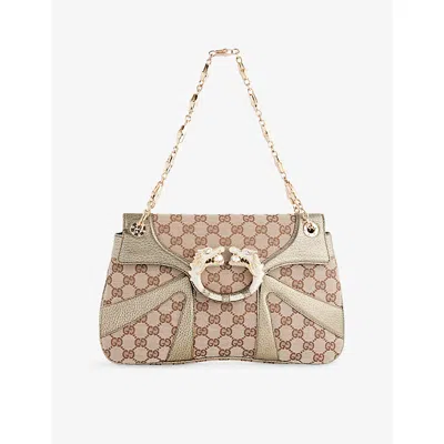 This Old Thing London Womens Beige Pre-loved Gucci Tom Ford Era Original Gg Canvas Jeweled Dragon Shoulder Bag In Sand