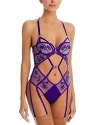 Thistle And Spire Dryad Embroidered Mesh Underwire Thong Bodysuit In Ultraviolet