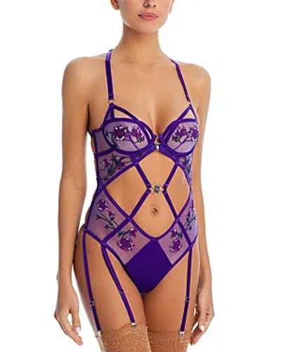 Thistle And Spire Dryad Embroidered Mesh Underwire Thong Bodysuit In Ultraviolet