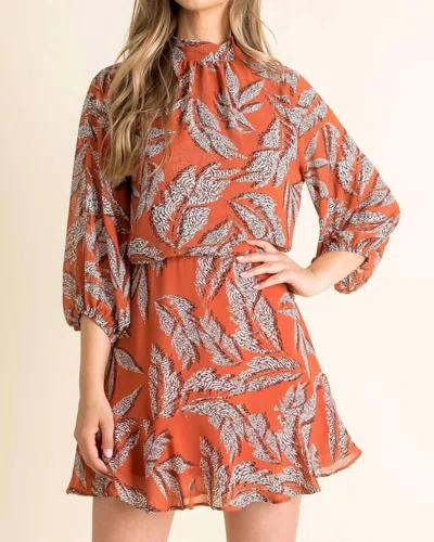 Thml Amberliss Leaf Print High-neck Dress In Copper In Multi