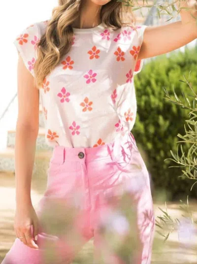 Thml Andrea Short Sleeve Sweater Top In Pink & Floral In Multi