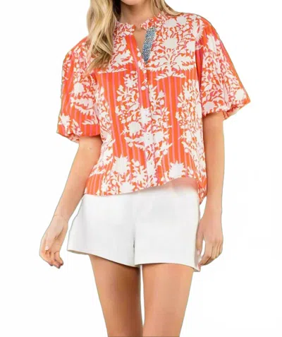 Thml Botanical Stripe Puff Sleeve Blouse In Coral In Pink