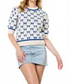 Thml Bow Print Short Sleeve Sweater In Oatmeal & Bright Navy In White